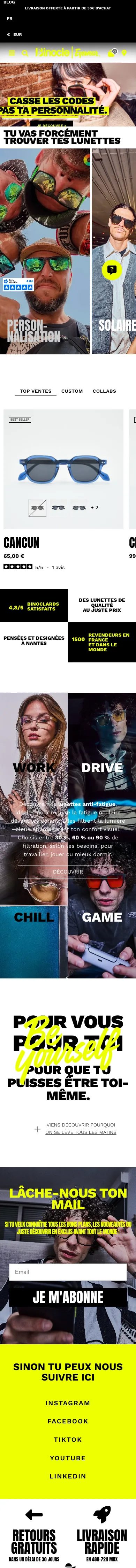 Binocle — capture réelle du site mobile