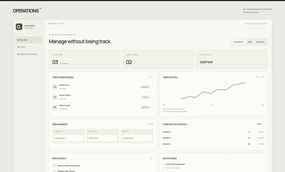 Actual screenshot of the OPERATIONS demo — CRM / business tool