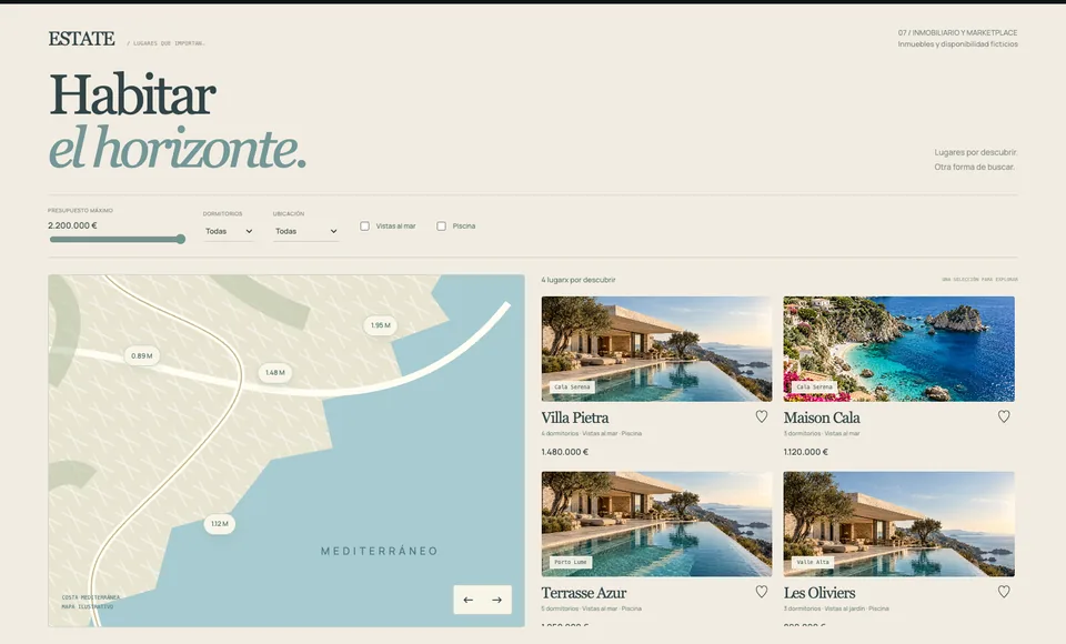 Captura real de la demostración ESTATE — Marketplace inmobiliario