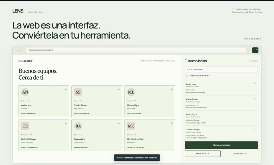 Captura real de la demostración LENS — Extensión de navegador
