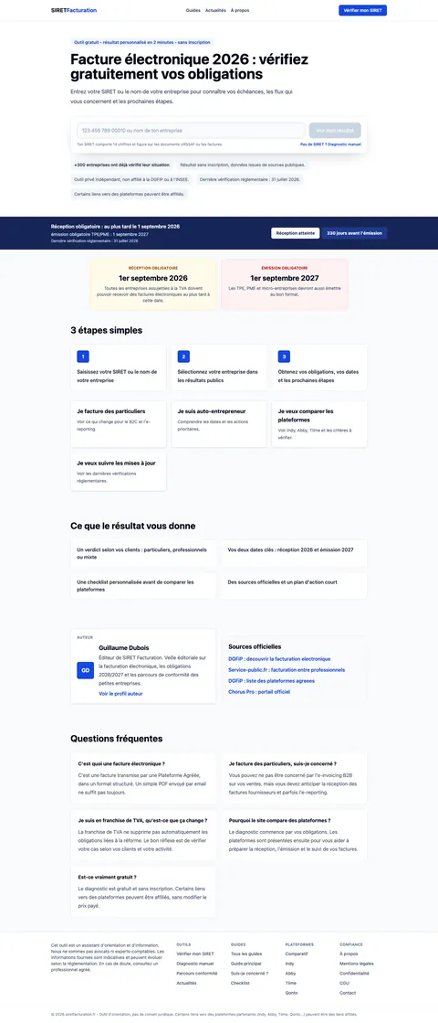 Siret Facturation — desktop website screenshot