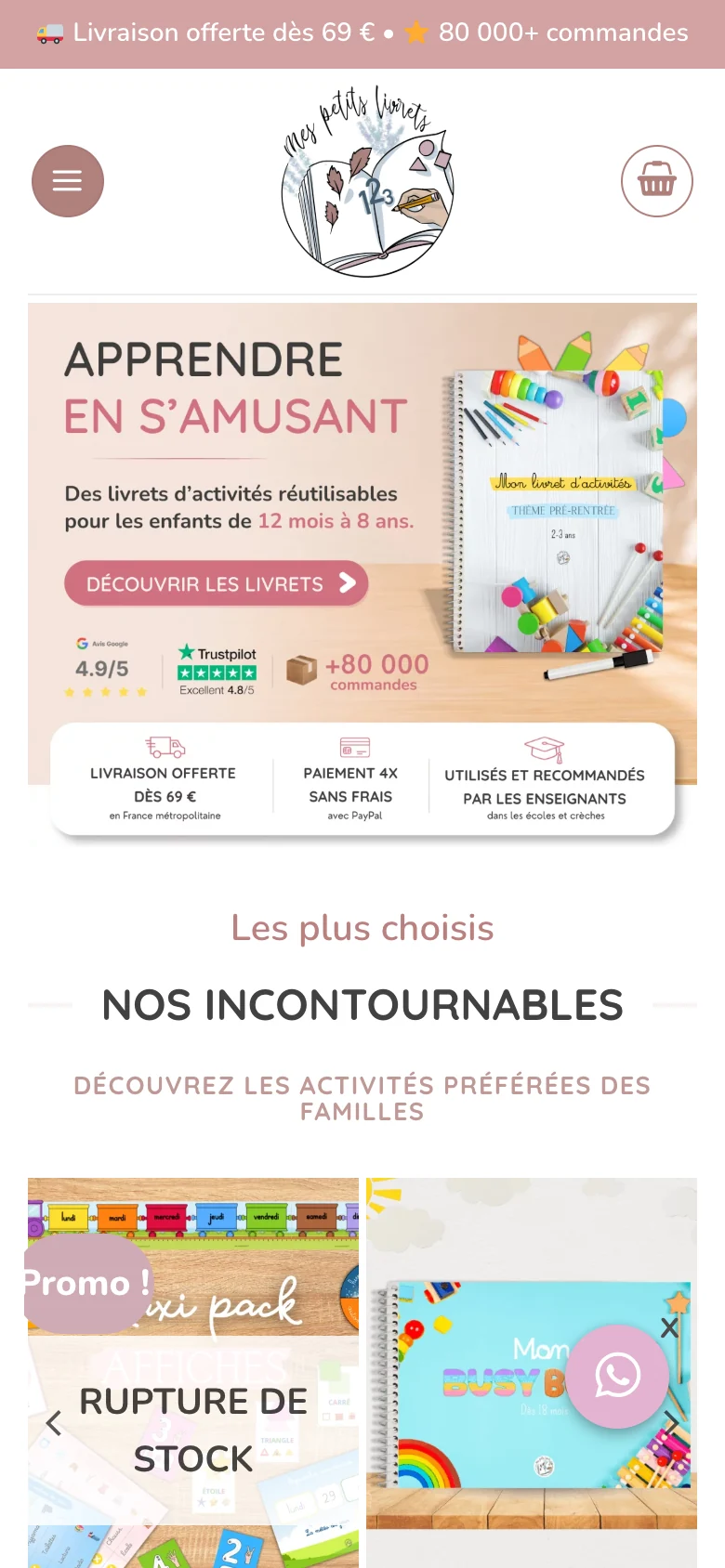 Mes Petits Livrets — site mobile, accueil